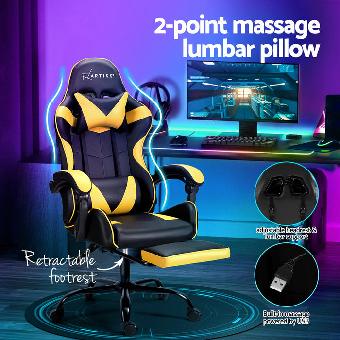 Danoz Direct - Artiss 2 Point Massage Gaming Office Chair Footrest Yellow