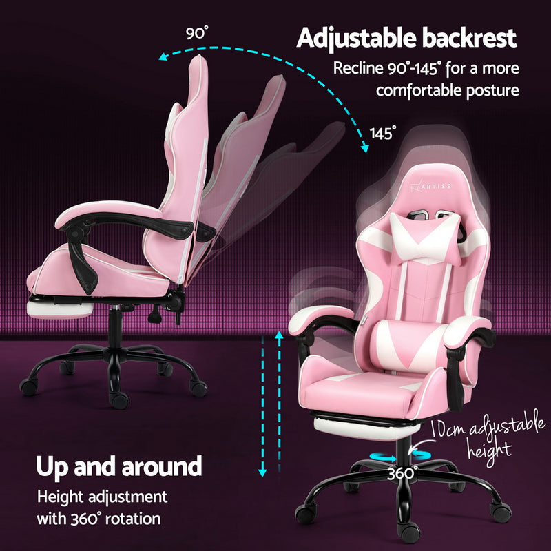 Danoz MassageSmart | Artiss Massage Gaming & Office Chair 🎮 | 2-Point Vibration, Footrest, 145° Recline — Pink & White
