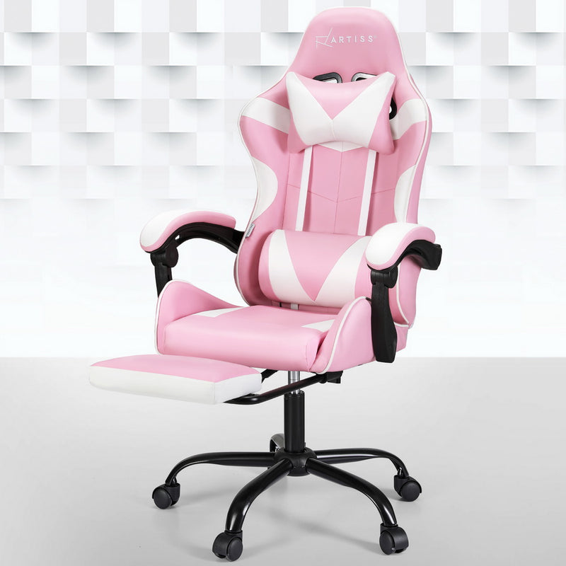 Danoz MassageSmart | Artiss Massage Gaming & Office Chair 🎮 | 2-Point Vibration, Footrest, 145° Recline — Pink & White