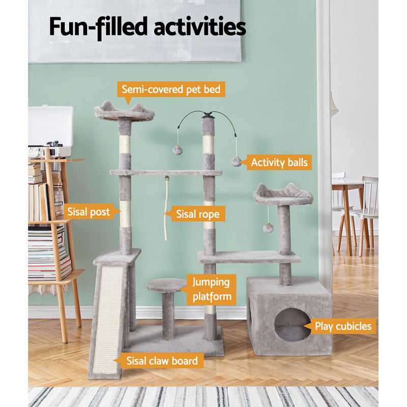 Danoz Direct - i.Pet Cat Tree 135cm Tower Scratching Post Scratcher Wood Condo House Toys Grey