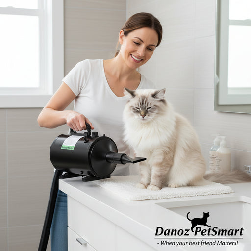 A black i.Pet Pet Hair Dryer with assorted nozzles and a flexible hose laid out on the floor.