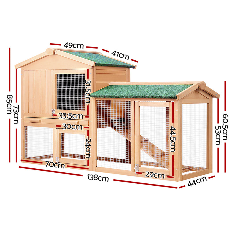 Danoz Direct - i.Pet Chicken🐓 Coop Rabbit Hutch 138cm x 44cm x 85cm Large House Run Cage Wooden Outdoor