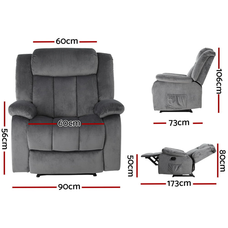 Danoz Direct - Artiss Recliner Chair Electric Massage Chair Velvet Lounge Sofa Heated Grey