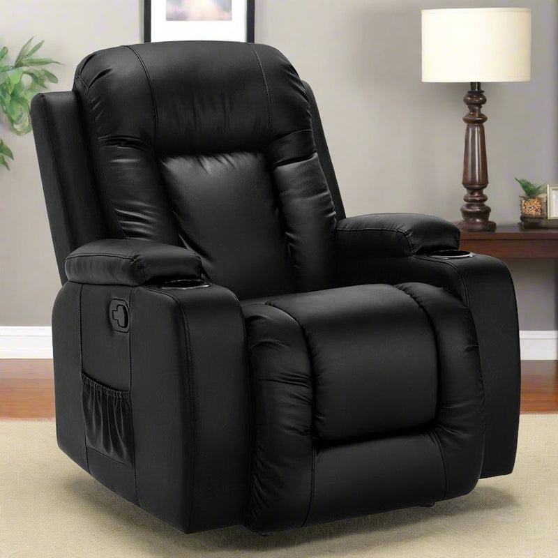 Danoz - Recliner Chair. This electric, heated massage chair features luxurious faux leather and a cozy cabin design