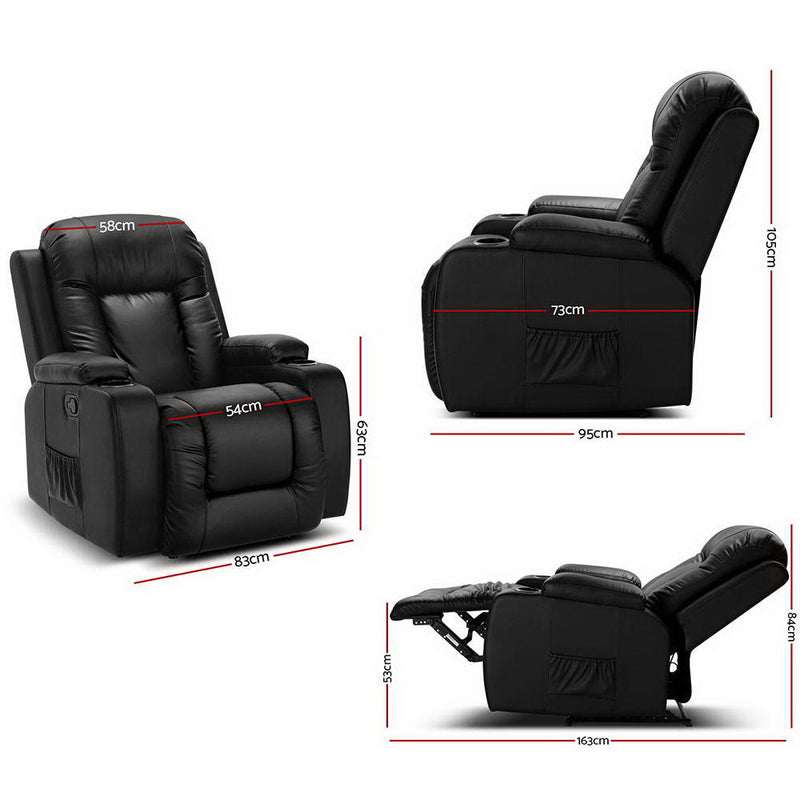 Danoz - Recliner Chair. This electric, heated massage chair features luxurious faux leather and a cozy cabin design