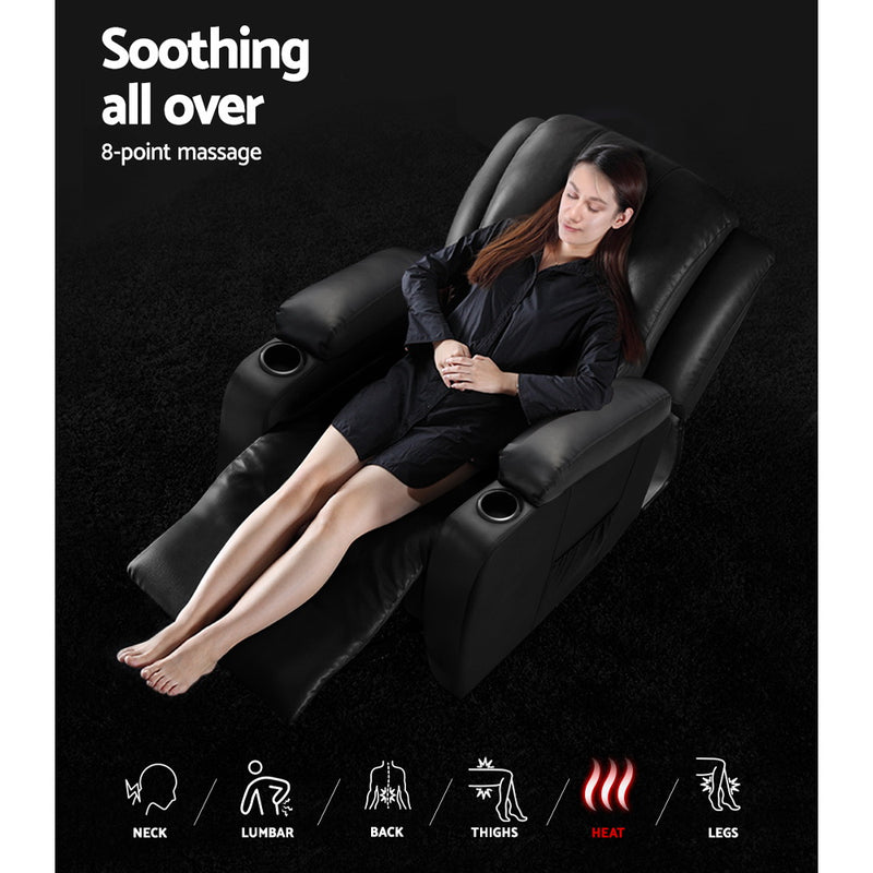Danoz - Recliner Chair. This electric, heated massage chair features luxurious faux leather and a cozy cabin design