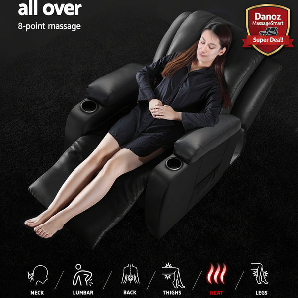 This electric, heated massage chair features luxurious faux leather and a cozy cabin design