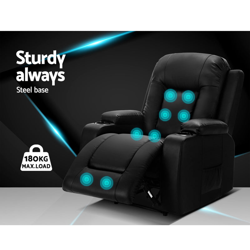 Danoz - Recliner Chair. This electric, heated massage chair features luxurious faux leather and a cozy cabin design