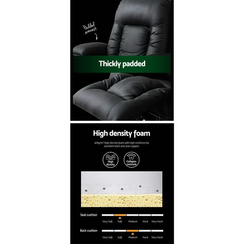 Danoz - Recliner Chair. This electric, heated massage chair features luxurious faux leather and a cozy cabin design