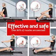 Woman using a rowing machine with text highlighting effectiveness and muscle engagement.