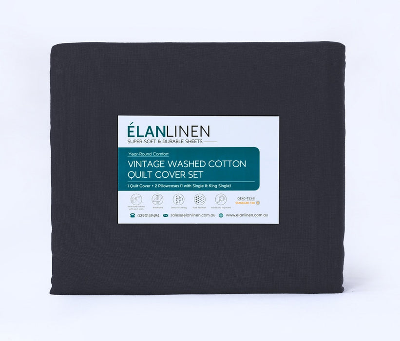 Danoz Direct -  Elan Linen 100% Egyptian Cotton Vintage Washed 500TC Charcoal Double Bed Sheets Set