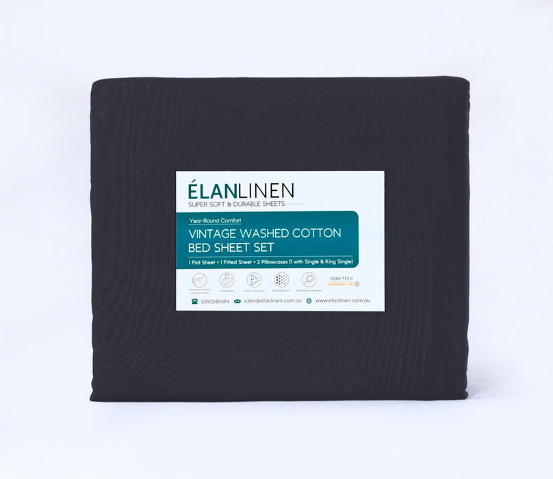 Danoz Direct -  Elan Linen 100% Egyptian Cotton Vintage Washed 500TC Charcoal Double Bed Sheets Set