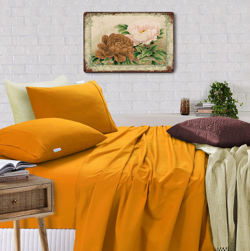 Danoz Direct -  Elan Linen 100% Egyptian Cotton Vintage Washed 500TC Mustard Double Bed Sheets Set