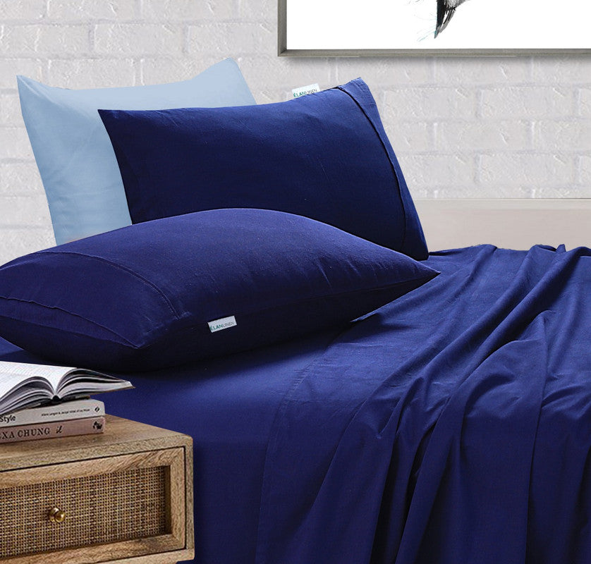 Danoz Direct -  Elan Linen 100% Egyptian Cotton Vintage Washed 500TC Navy Blue King Bed Sheets Set