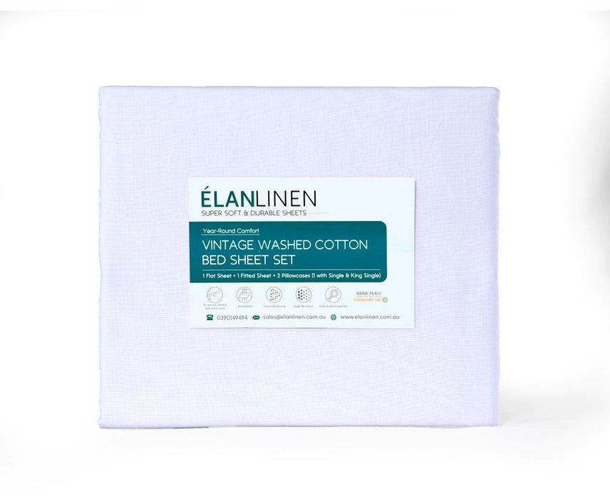 Danoz Direct -  Elan Linen 100% Egyptian Cotton Vintage Washed 500TC White King Bed Sheets Set