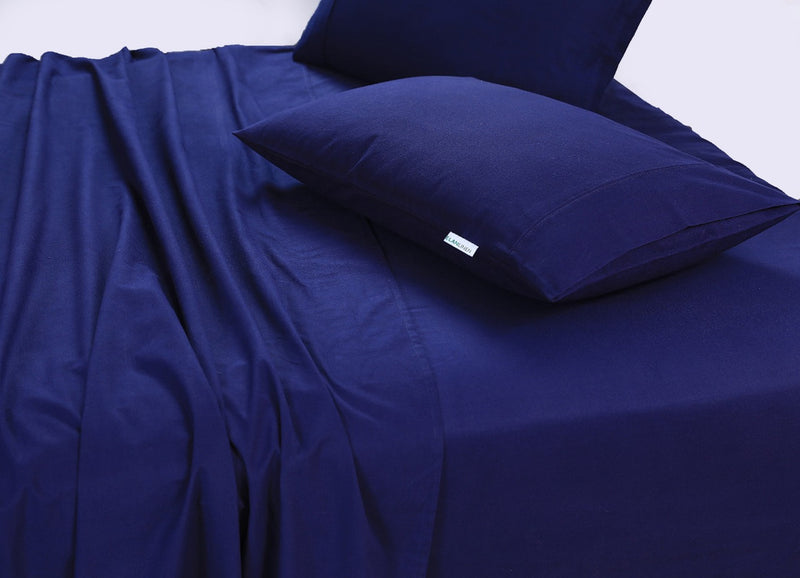 Danoz Direct -  Elan Linen 100% Egyptian Cotton Vintage Washed 500TC Navy Blue King Single Bed Sheets Set