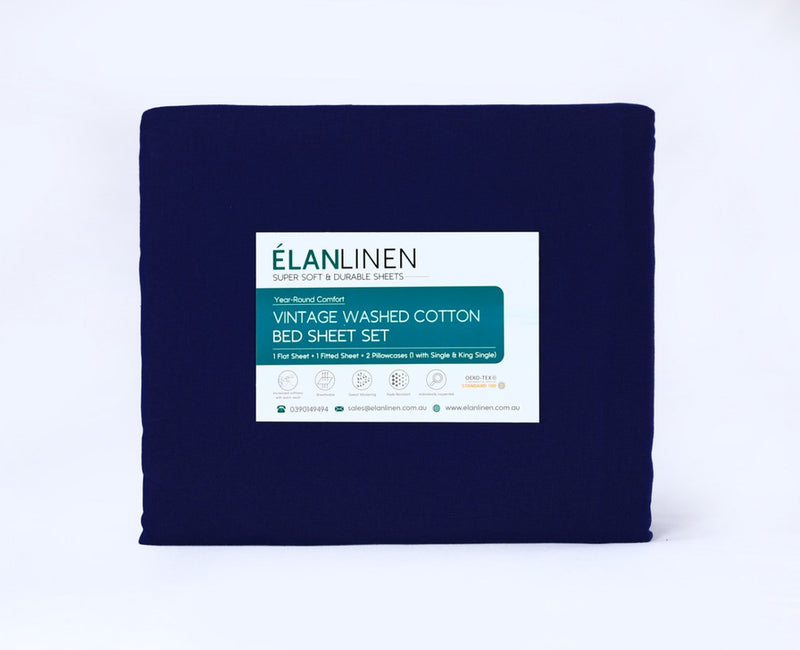 Danoz Direct -  Elan Linen 100% Egyptian Cotton Vintage Washed 500TC Navy Blue 50 cm Deep Mega Queen Bed Sheets Set