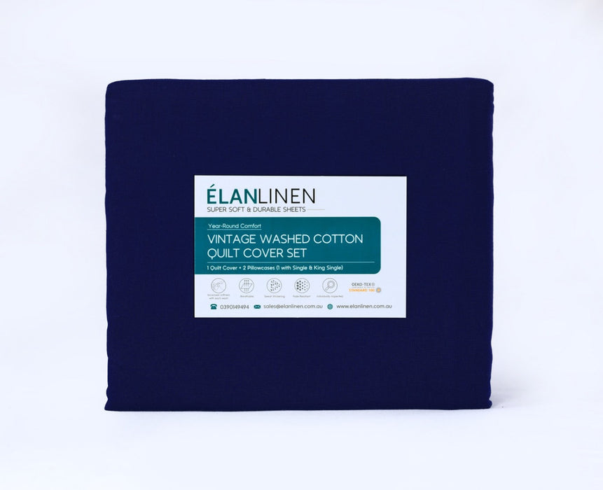 Danoz Direct -  Elan Linen 100% Egyptian Cotton Vintage Washed 500TC Navy Blue 50 cm Deep Mega Queen Bed Sheets Set