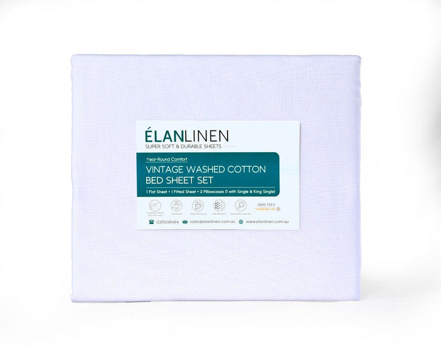 Danoz Direct -  Elan Linen 100% Egyptian Cotton Vintage Washed 500TC White Queen Bed Sheets Set