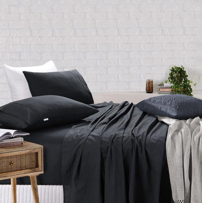 Danoz Direct -  Elan Linen 100% Egyptian Cotton Vintage Washed 500TC Charcoal Single Bed Sheets Set