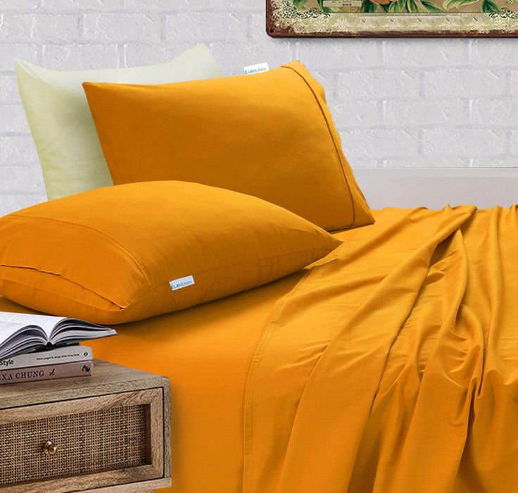 Danoz Direct -  Elan Linen 100% Egyptian Cotton Vintage Washed 500TC Mustard Single Bed Sheets Set