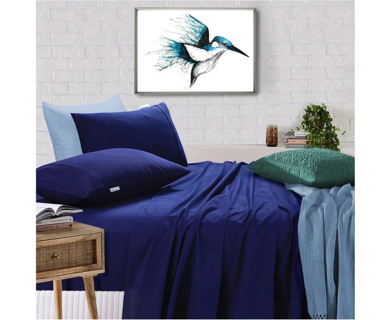 Danoz Direct -  Elan Linen 100% Egyptian Cotton Vintage Washed 500TC Navy Blue Single Bed Sheets Set