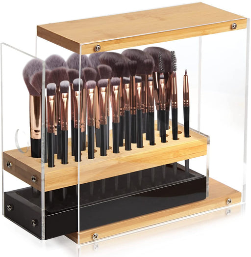 Danoz Direct - 31 Holes Acrylic Bamboo Brush Holder Organiser Beauty Cosmetic Display Stand with Leather Drawer Black (22.3 x 8.6 x 21.5 cm)