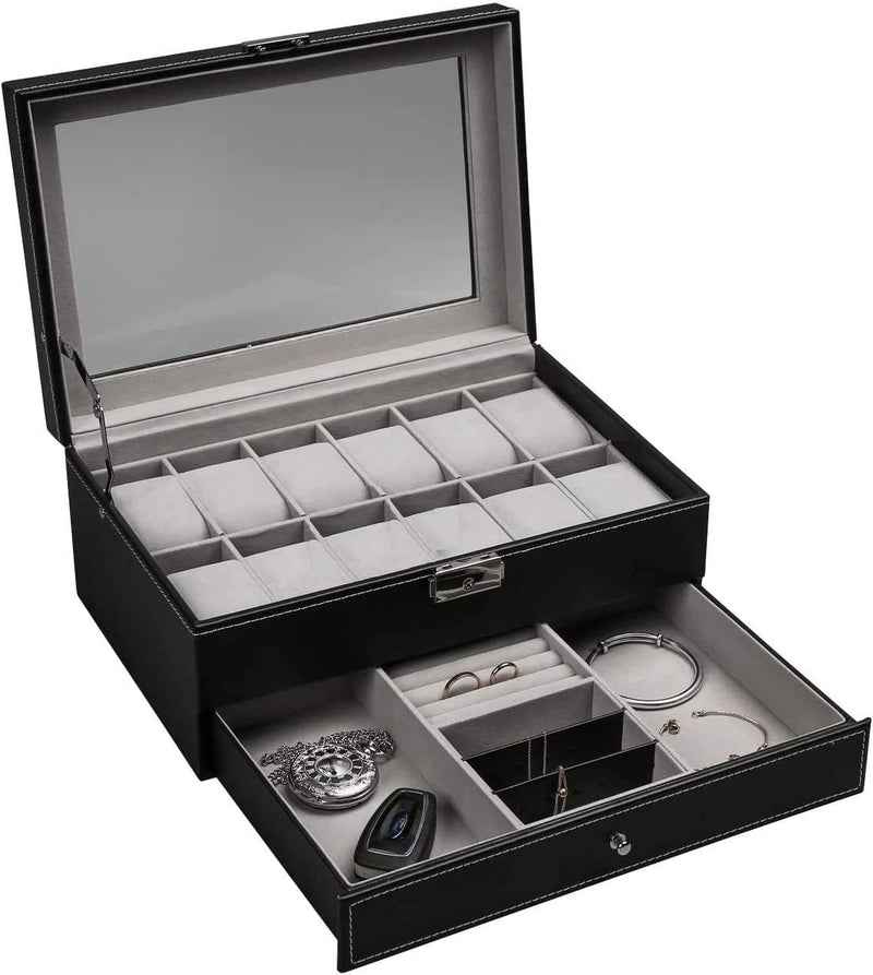 Danoz Direct - 12 Slot PU Leather Lockable Watch and Jewelry Storage Boxes (Black)