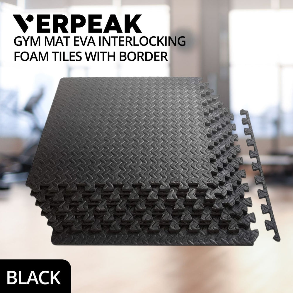 Danoz Direct -  Verpeak Puzzle Gym Mat EVA Interlocking Foam Tiles with Border (Black) VP-GMT-100-LMJ