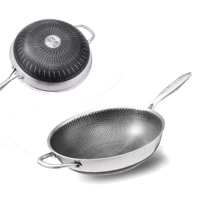 Danoz Kitchen 🧑‍🍳🥘 304 Stainless Steel 32cm Non-Stick Stir Fry Cooking Kitchen Wok Pan with Lid Honeycomb Double Sided