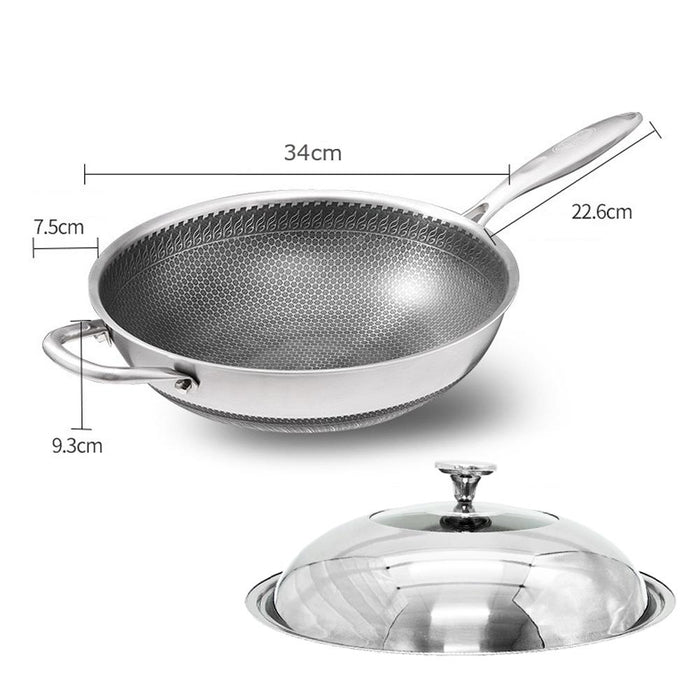 Danoz Kitchen 🧑‍🍳🥘 304 Stainless Steel 32cm Non-Stick Stir Fry Cooking Kitchen Wok Pan with Lid Honeycomb Double Sided