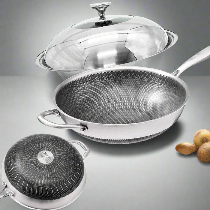 Danoz Kitchen 🧑‍🍳🥘 304 Stainless Steel 32cm Non-Stick Stir Fry Cooking Kitchen Wok Pan with Lid Honeycomb Double Sided