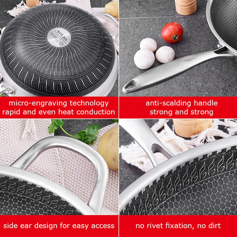 Danoz Kitchen 🧑‍🍳🥘 34cm 304 Stainless Steel Non-Stick Stir Fry Cooking Kitchen Honeycomb Wok Pan with Lid