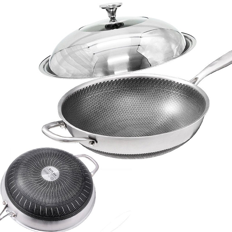 Danoz Kitchen 🧑‍🍳🥘 32cm 304 Stainless Steel Non-Stick Stir Fry Cooking Kitchen Honeycomb Wok Pan with Lid