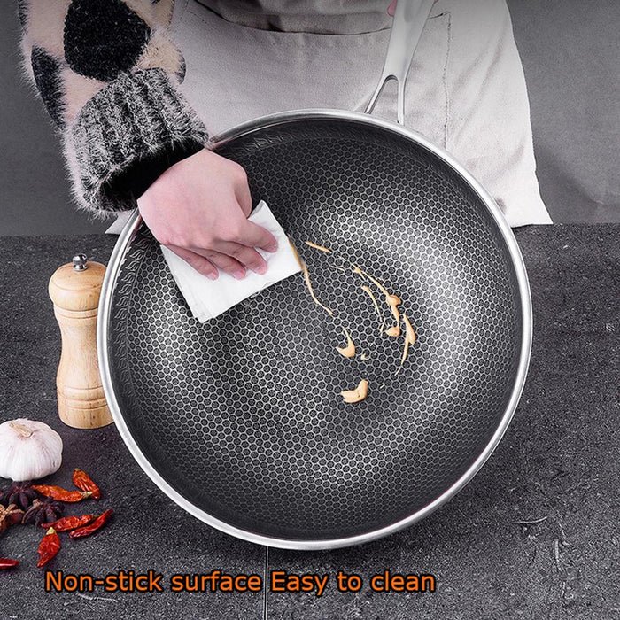 Danoz Kitchen 🧑‍🍳🥘 32cm 316 Stainless Steel Non-Stick Stir Fry Cooking Kitchen Wok Pan with Lid Honeycomb Double Sided