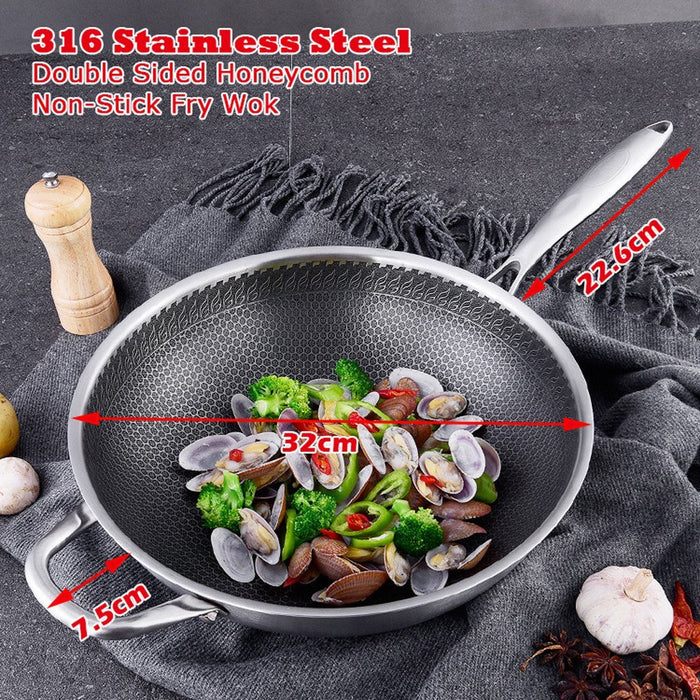 Danoz Kitchen 🧑‍🍳🥘 32cm 316 Stainless Steel Non-Stick Stir Fry Cooking Kitchen Wok Pan with Lid Honeycomb Double Sided