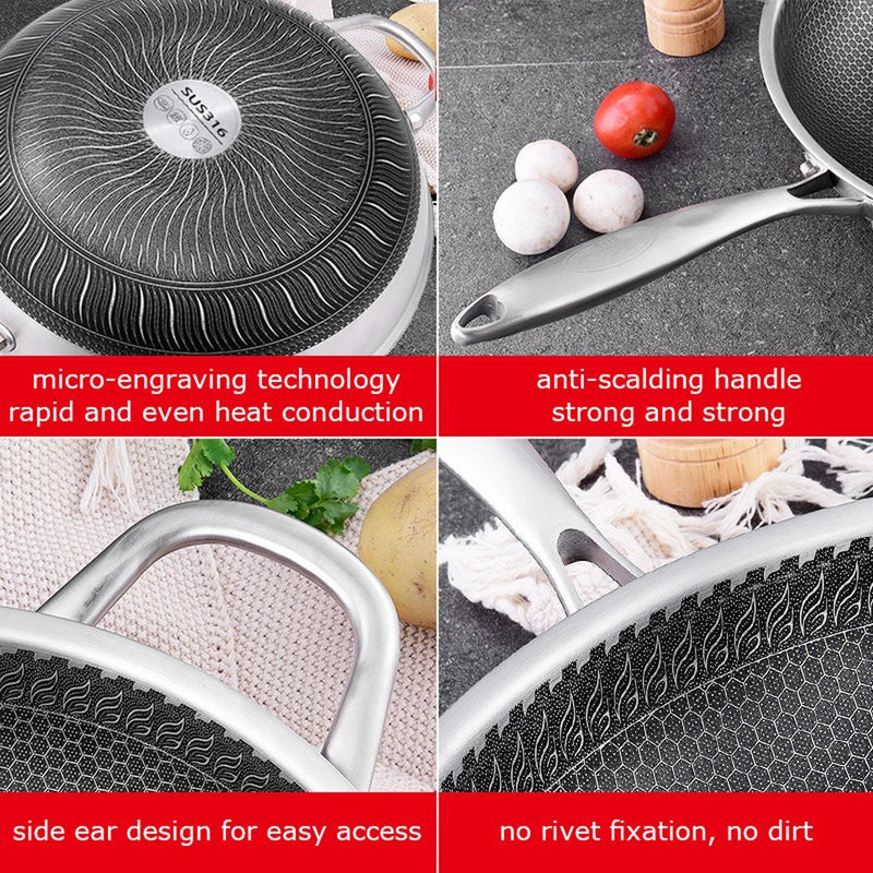 Danoz Kitchen 🧑‍🍳🥘 316 Stainless Steel 32cm Non-Stick Stir Fry Cooking Kitchen Wok Pan without Lid Honeycomb Double Sided