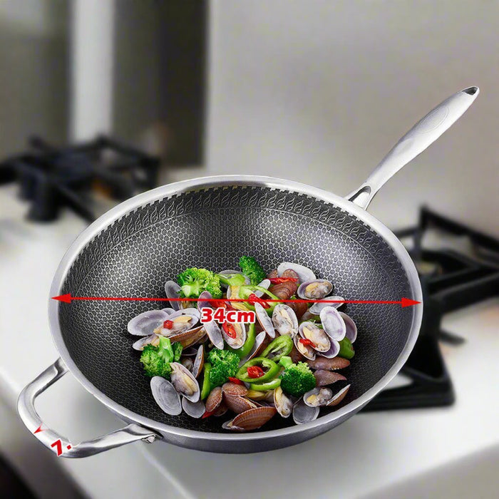 Danoz Kitchen 🧑‍🍳🥘 316 Stainless Steel 32cm Non-Stick Stir Fry Cooking Kitchen Wok Pan without Lid Honeycomb Double Sided