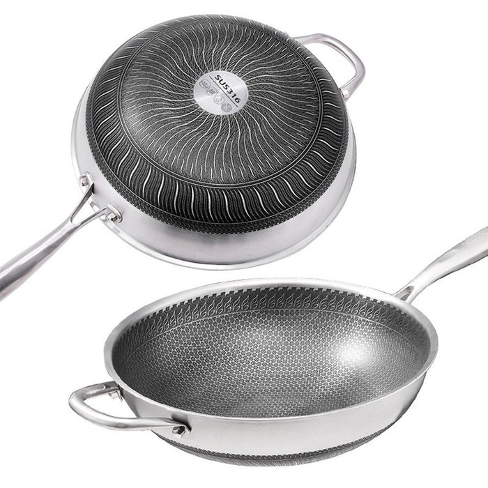 Danoz Kitchen 🧑‍🍳🥘 34cm 316 Stainless Steel Non-Stick Stir Fry Cooking Kitchen Wok Pan with Lid Honeycomb Double Sided