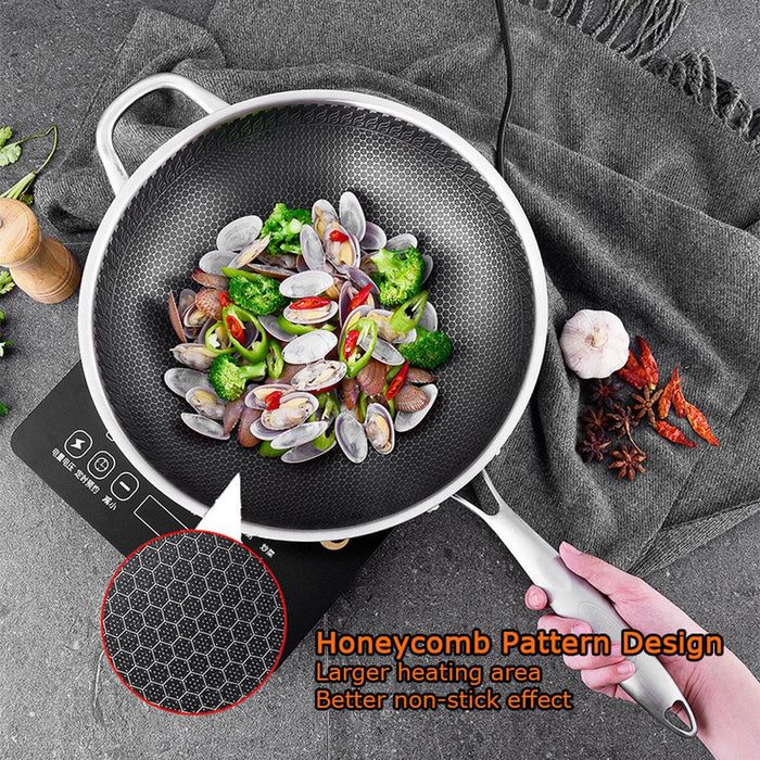 Danoz Kitchen 🧑‍🍳🥘 316 Stainless Steel 34cm Non-Stick Stir Fry Cooking Kitchen Wok Pan without Lid Honeycomb Double Sided