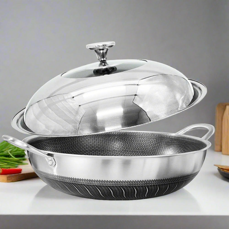Danoz CookSmart 🧑‍🍳🥘 34cm 316 Stainless Steel Double Ear Non-Stick Stir Fry Cooking Kitchen Wok Pan with Lid Honeycomb Double Sided