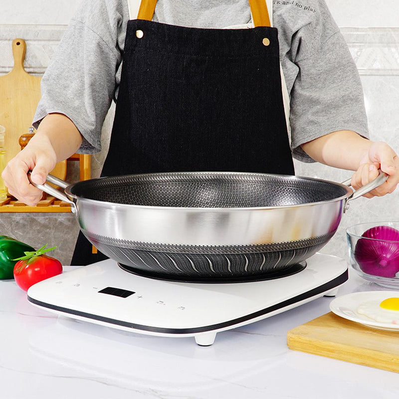 Danoz CookSmart - Double Ear 304 Stainless Steel 38cm Non-Stick Stir Fry Cooking Kitchen Wok Pan with Lid Honeycomb Double Sided
