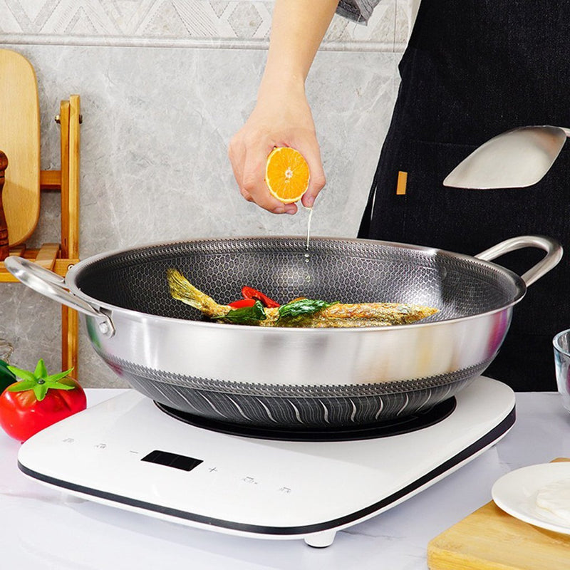 Danoz CookSmart - Double Ear 304 Stainless Steel 38cm Non-Stick Stir Fry Cooking Kitchen Wok Pan with Lid Honeycomb Double Sided