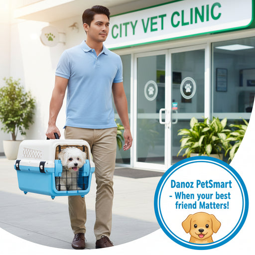 A small portable plastic dog or cat carrier in blue and white color with a black metal grid door and a plastic tray inside.