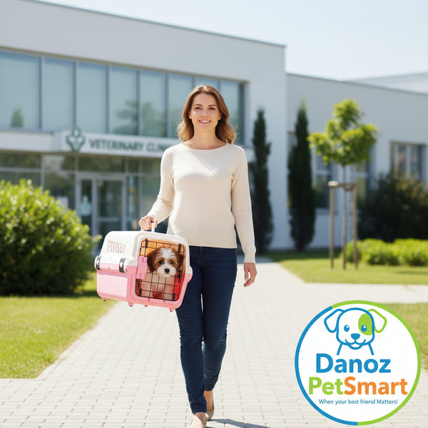 Pink pet carrier with a dog inside, placed on a light wooden floor with a white brick wall background.