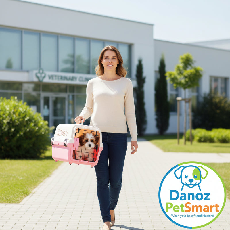 Pink pet carrier with a dog inside, placed on a light wooden floor with a white brick wall background.
