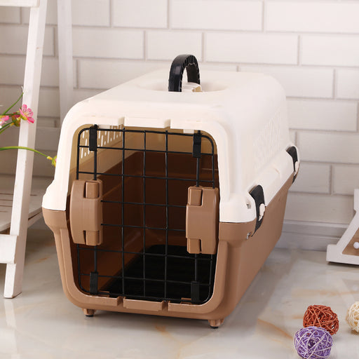 Danoz Direct - YES4PETS Medium Portable Plastic Dog Cat Pet Pets Carrier Travel Cage With Tray-Brown