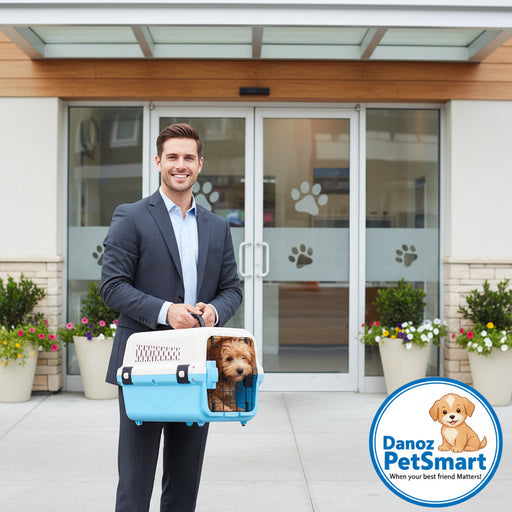 A portable plastic dog cat pet carrier travel cage in blue color with a black metal grid door and a black plastic handle on top.