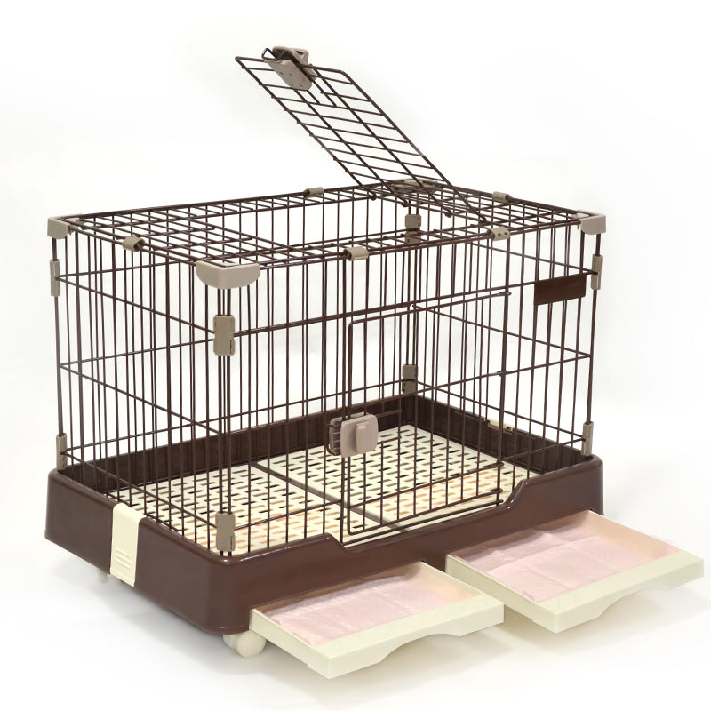 YES4PETS Large Brown Pet Dog Cage Cat Rabbit  Crate Kennel With Potty Pad And Wheels