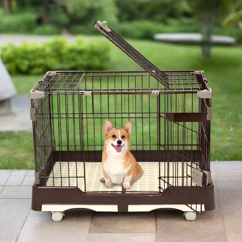 YES4PETS Large Brown Pet Dog Cage Cat Rabbit  Crate Kennel With Potty Pad And Wheels
